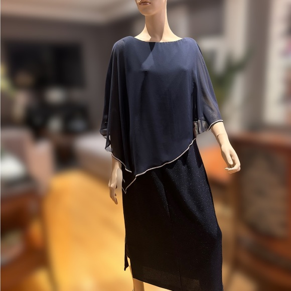 Frank Lyman Rich Navy Cocktail, All Occasions Dress with Attached Cape NWOT 16 - Picture 4 of 15